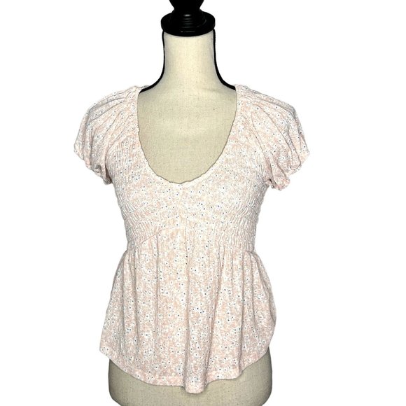 Evolutionary Tops - Evolutionary Pink Scoop Neck Short Puff Sleeve Smocked Bodice Babydoll Top Sz S